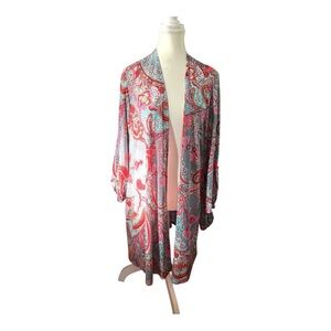 Dear Scarlett XL Open Front Cardigan – Pink Teal Paisley Print